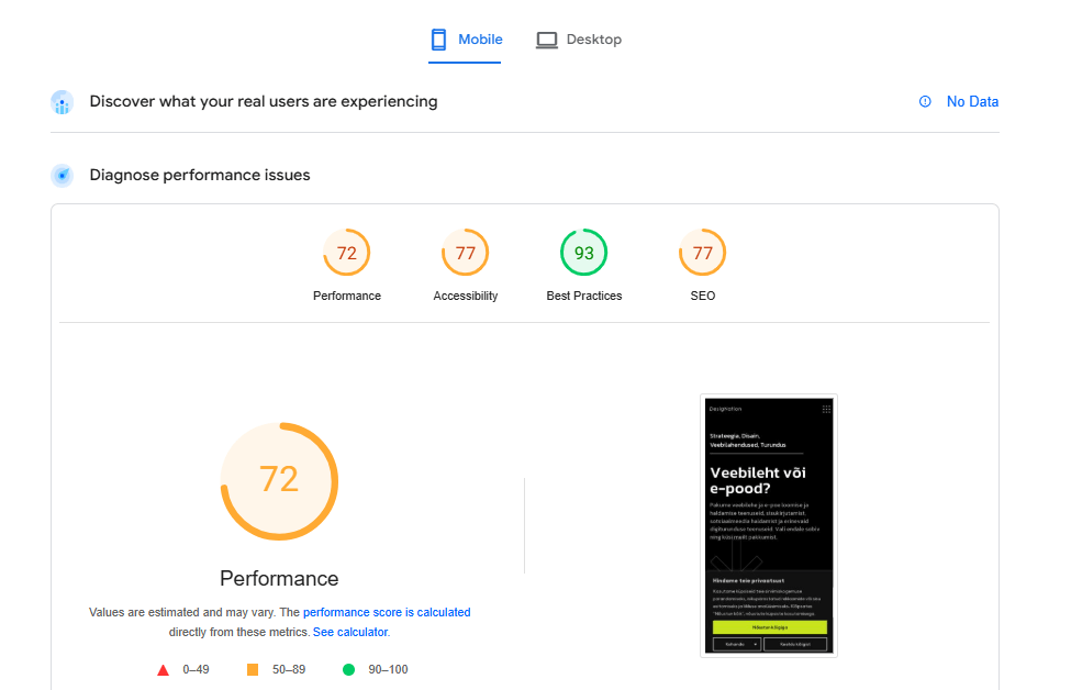 Google Pagespeed kiirustest